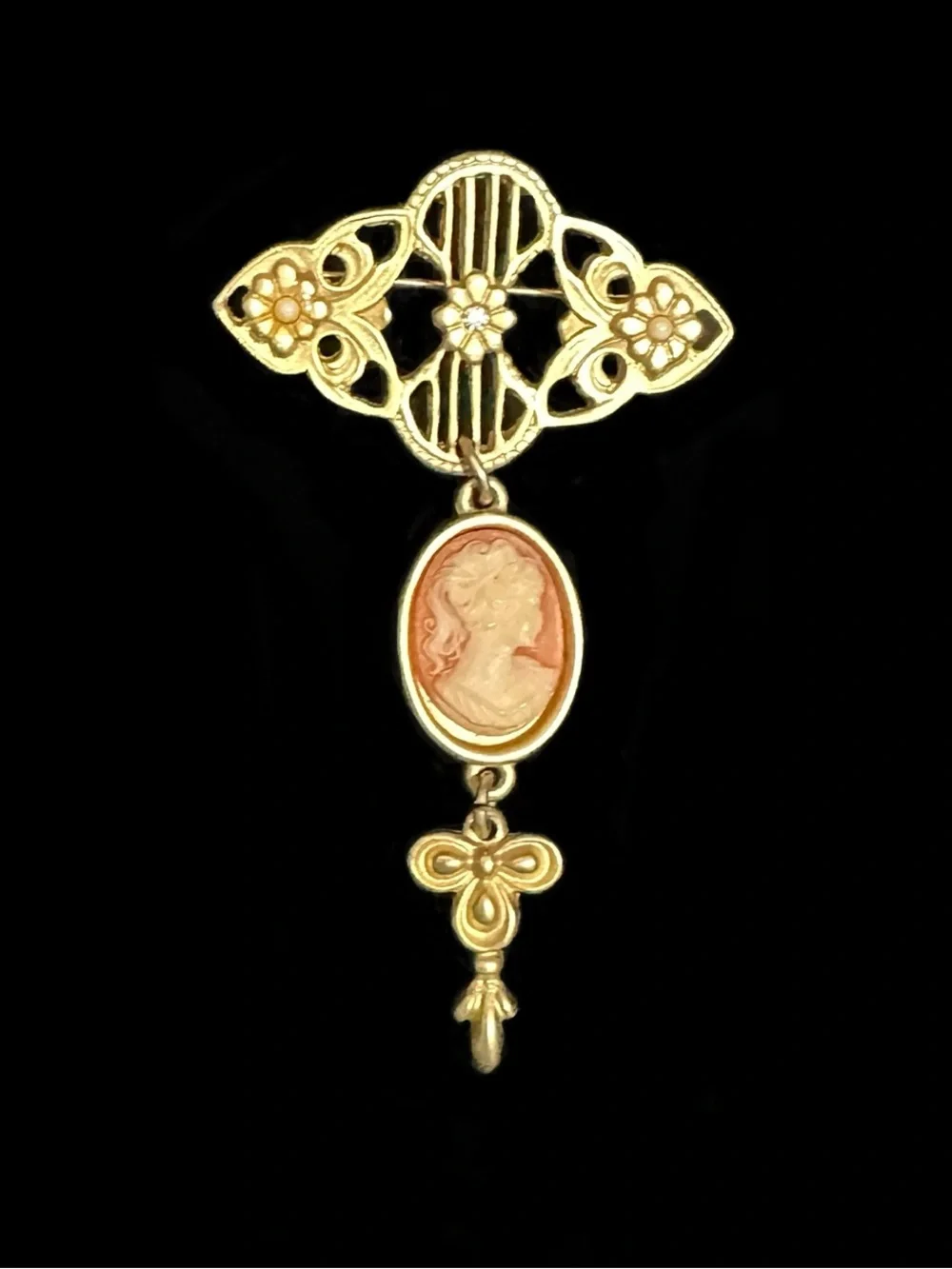 Vintage Gold-Tone Cameo Drop Brooch - Pink Cameo Accent